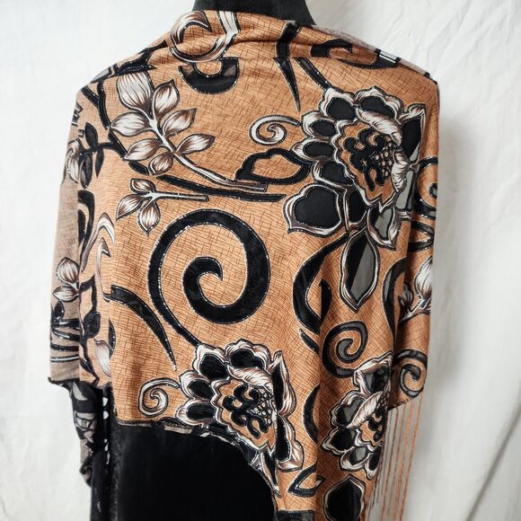 Scarf Wrap Floral Hollow Out Black Brown Fringed 64 x 17 Metallic Silver - Picture 6 of 7